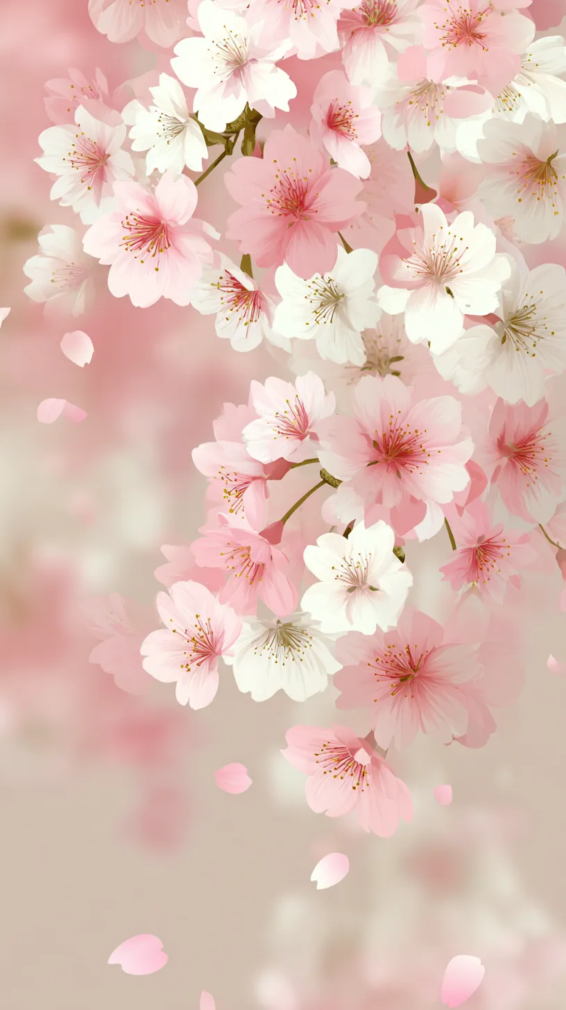 おしゃれ桜壁紙　花弁舞う余白｜落ち着いた背景に舞い散るおしゃれ桜が壁紙を優美に彩る。白と淡桃色の花弁が混ざり合い、余白を活かした構図が軽やかさと春の儚さを同時に表現しています。