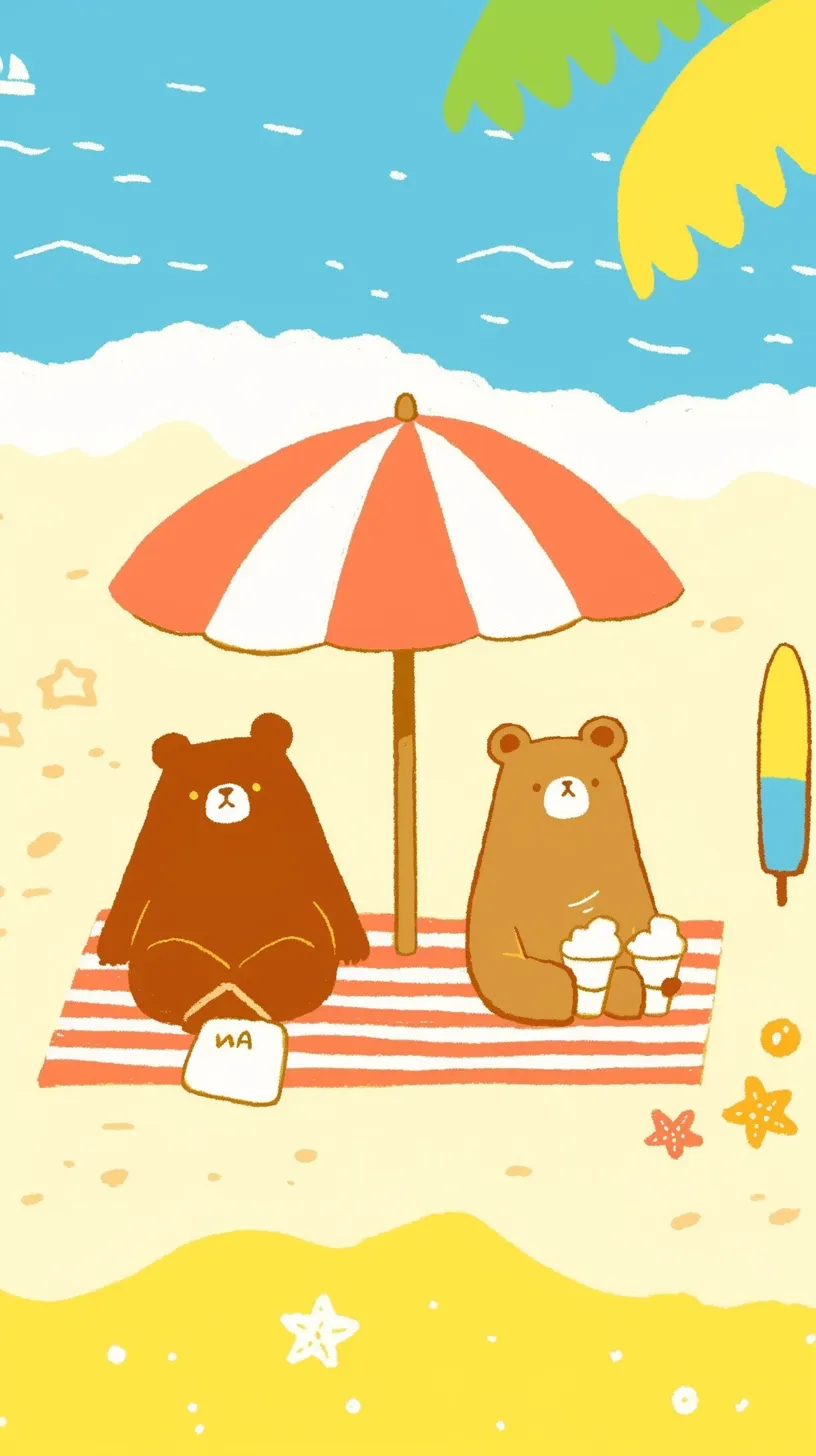 かわいい夏壁紙　日傘の下で｜赤白のパラソルの下で並ぶ二匹のくまが描かれたかわいい夏の壁紙。アイスを手にした姿や海辺の小物が明るい雰囲気を演出し、仲良しな夏のひとときを感じさせます。