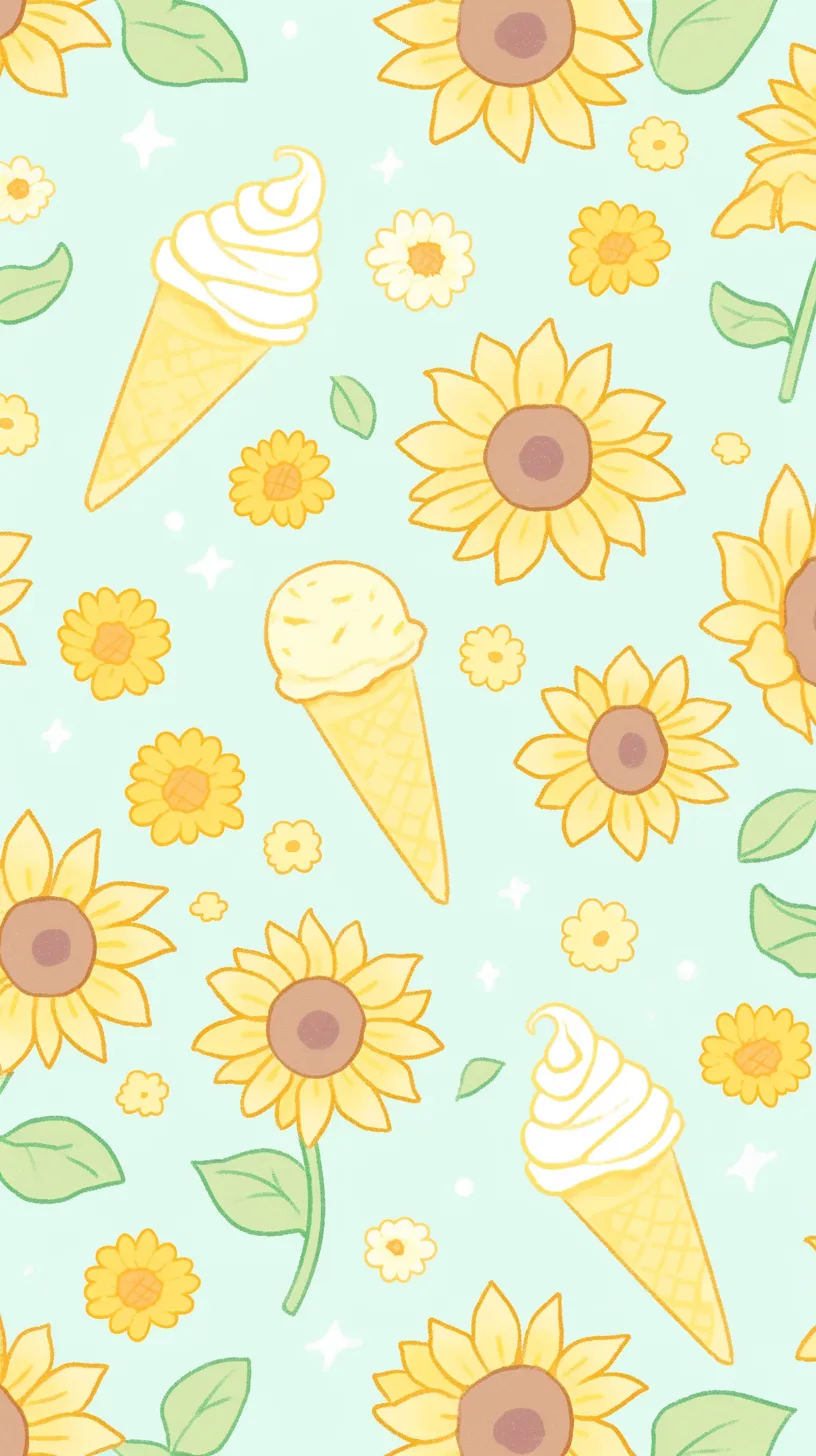 かわいい夏壁紙　ひまわりと氷菓｜ひまわりとアイスクリームが散りばめられたかわいい夏の壁紙。爽やかなミントグリーンの背景に黄色が映え、明るく元気な季節感を一面に広げています。