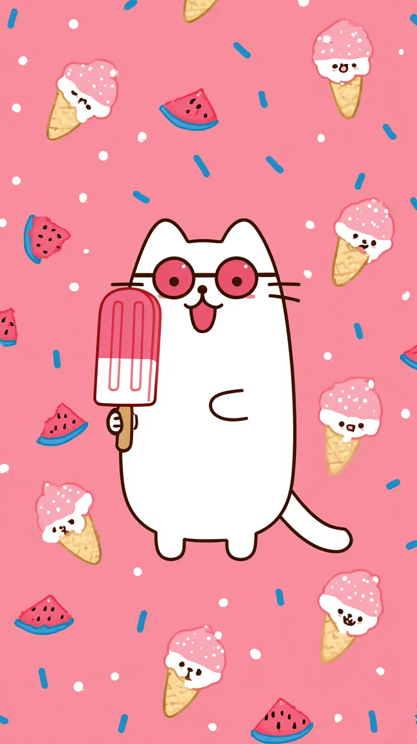 かわいい夏壁紙　ピンクのご褒美｜ピンク背景にねこが大きなアイスを持つかわいい夏の壁紙。スイカやアイスが散りばめられた模様が明るく、季節のおやつを楽しむ無邪気さを鮮やかに描いています。