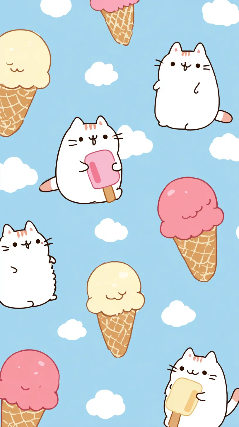 かわいい夏壁紙　雲とアイス猫｜ふんわりした雲とアイスクリームに囲まれるねこが描かれたかわいい夏の壁紙。空の青さとピンクやクリーム色の甘い色調が重なり、ゆるやかな楽しさを広げています。