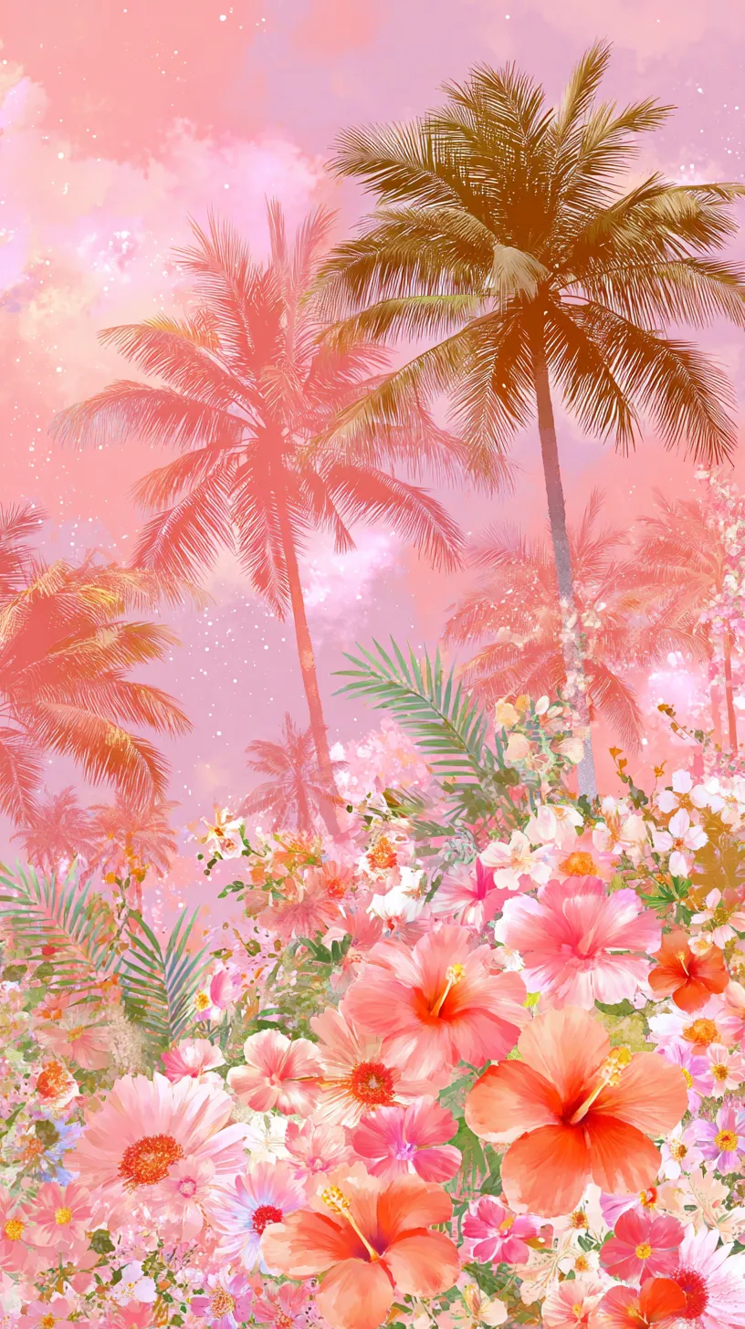 かわいい夏壁紙　南国の花園｜パームツリーと鮮やかな花々が彩るかわいい夏の壁紙。ピンクに染まる空が幻想的で、咲き誇るハイビスカスがリゾート気分を華やかに演出しています。