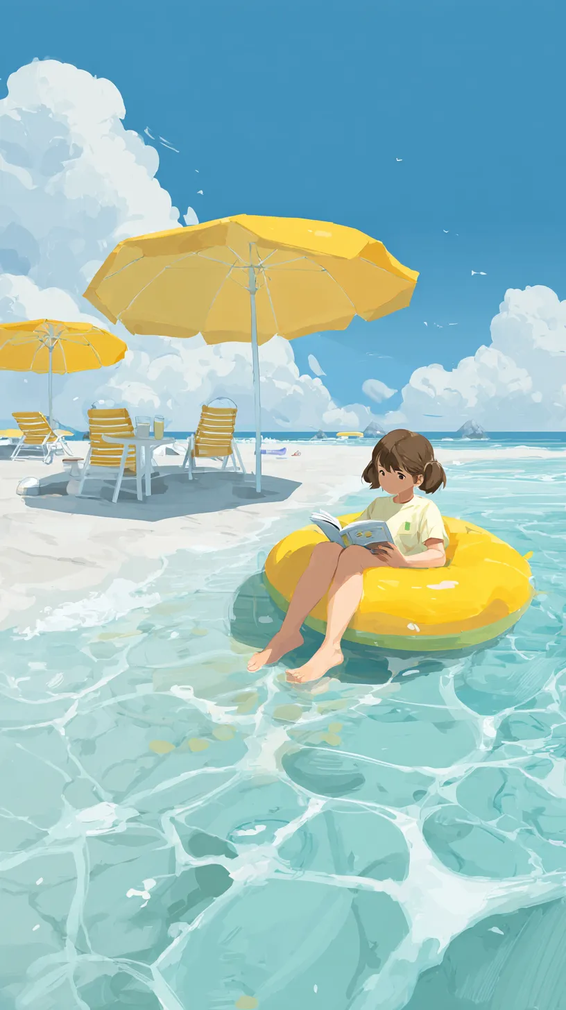 おしゃれ夏壁紙 浜辺の読書｜透明感ある水面に浮かぶ黄色の浮き輪に座り読書する少女を描いたおしゃれ夏壁紙。砂浜のパラソルや海の煌めきが夏の余暇を象徴し、澄んだ水の表現が涼やかな時間を印象づけている。