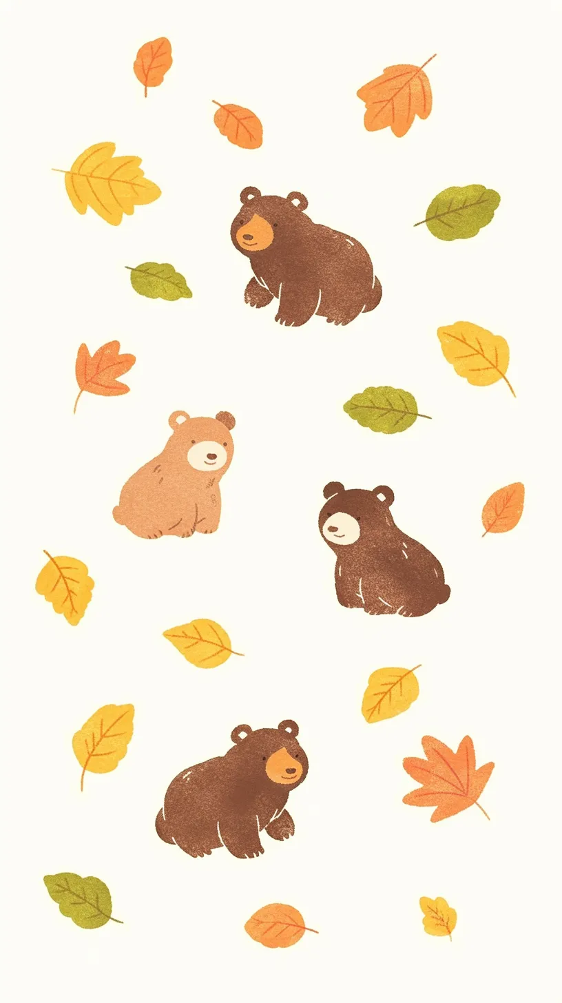 かわいい秋のクマ壁紙｜色とりどりの落ち葉に囲まれたクマたちが愛らしく配置されたかわいい秋の壁紙。茶色やベージュのクマの表情が優しく、オレンジや黄緑の葉が舞うことで秋の温かみを感じられる構図になっている。