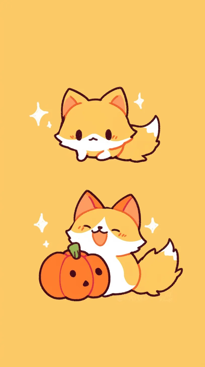 かわいい秋のキツネ壁紙｜かぼちゃと寄り添うキツネが描かれたかわいい秋の壁紙。明るいオレンジの背景が季節感を引き立て、キツネの無邪気な笑顔ときらめきが秋の楽しさを象徴している。ハロウィンらしい雰囲気も漂う仕上がり。