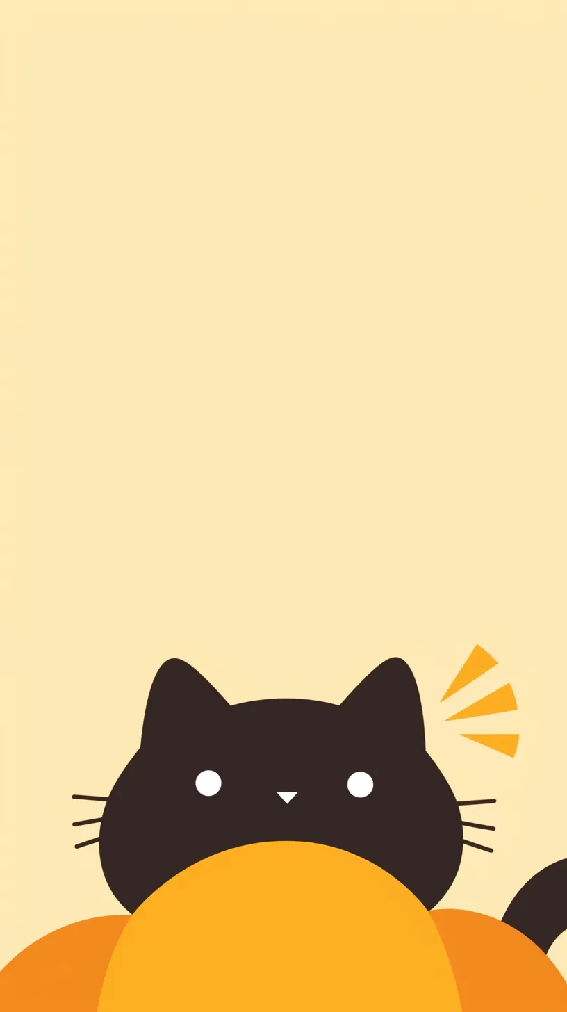 かわいい秋のネコ壁紙｜黒猫がかぼちゃの影からひょっこり顔を出す姿が印象的なかわいい秋の壁紙。背景の柔らかなベージュが猫のシルエットを際立たせ、シンプルながらも秋らしさと遊び心を感じさせる構図が魅力になっている。