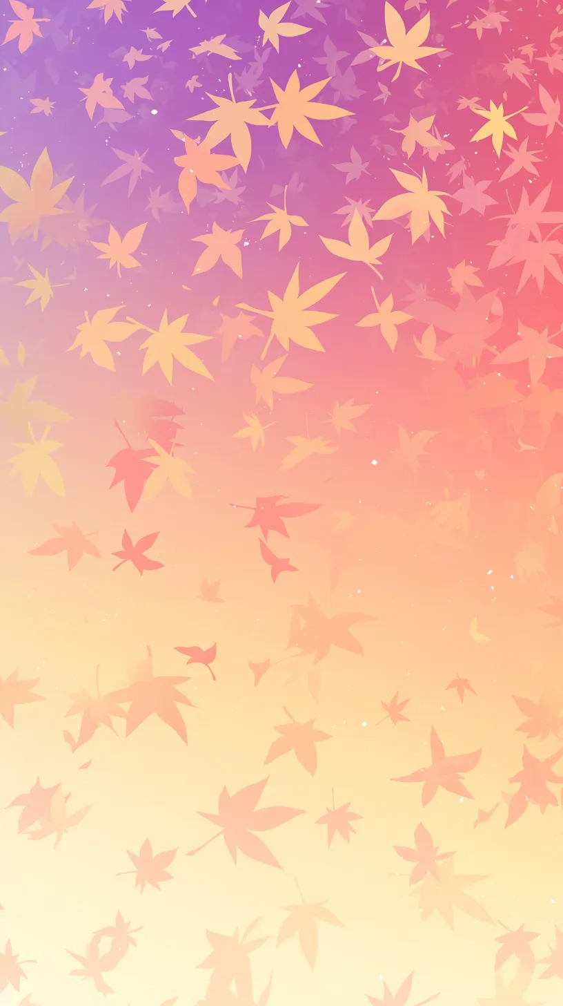 かわいい秋の紅葉壁紙｜グラデーション空に散りゆく紅葉が舞う幻想的なかわいい秋の壁紙。紫から橙へ移ろう色彩が温かみを生み、舞い散る葉が画面全体に動きを与えている。秋の夕暮れを思わせる雰囲気が広がる一枚。