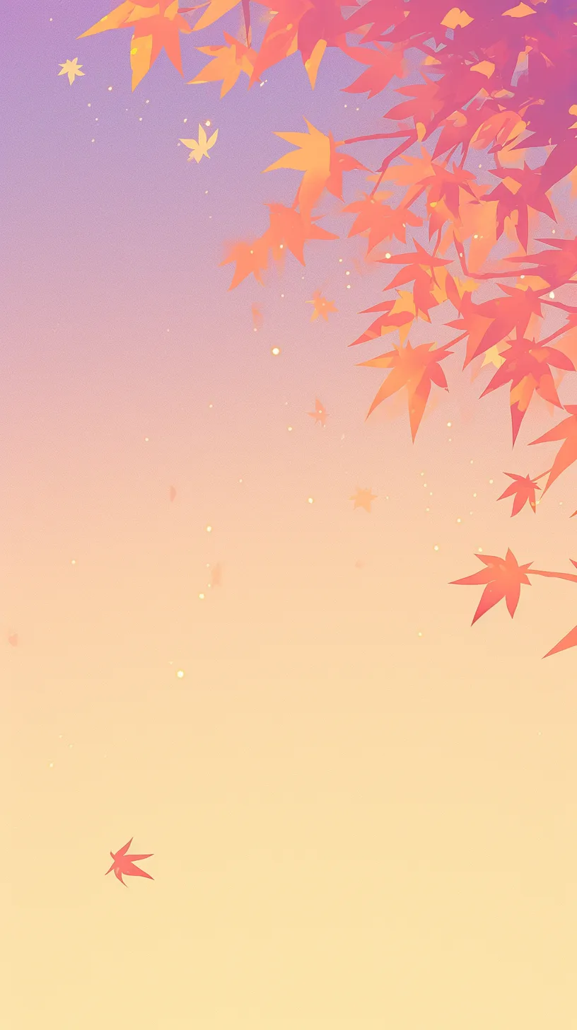 かわいい秋の枝葉壁紙｜枝先から広がる赤や橙の紅葉が彩るかわいい秋の壁紙。紫から淡いオレンジへと変化する背景が鮮やかさを引き立て、光の粒が舞うように配置されることで、秋の静かな輝きを感じられる仕上がりになっている。