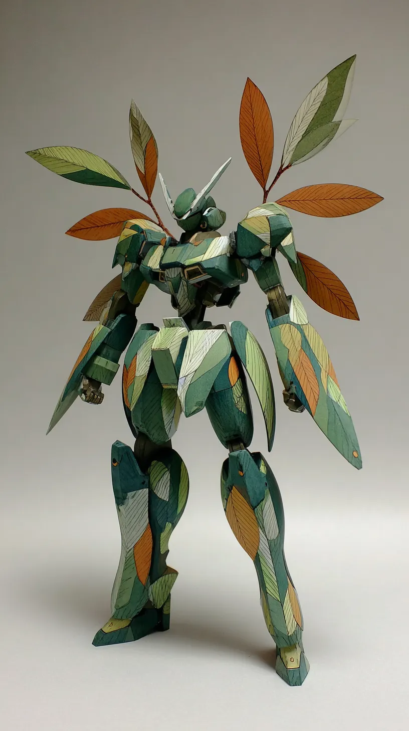 おしゃれ秋のリーフロボ壁紙｜葉の模様に覆われたロボットが立つ姿が印象的なおしゃれ秋の壁紙。緑や橙の葉の質感が機械のフォルムを柔らかくし、自然と人工の融合が新鮮なアートとして構成されている。