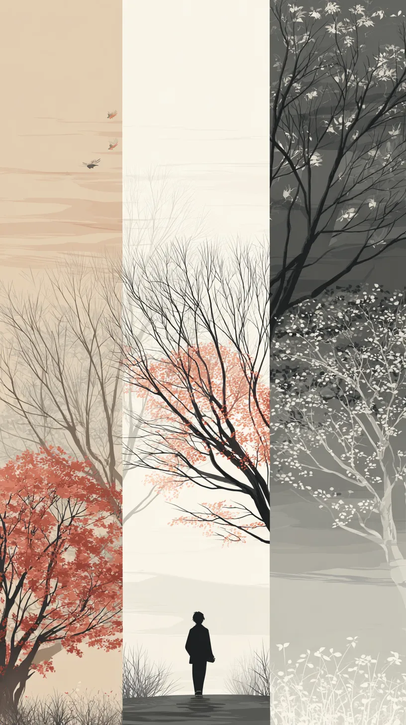 おしゃれ秋の三景壁紙｜三分割された画面に秋の木々が描かれるおしゃれ秋の壁紙。紅葉の色づきと冬の枝の静けさが並列し、人物の後ろ姿が配置されることで季節の移ろいと物語性が同時に表現されている。