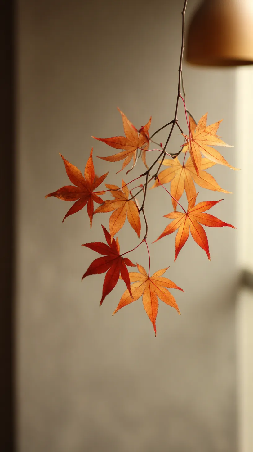 おしゃれ秋の紅葉枝壁紙｜柔らかな光の中に浮かぶ紅葉の枝が印象的なおしゃれ秋の壁紙。橙から赤への色の変化が繊細で、背景の落ち着いたトーンが枝の美しさを引き立て、静かな時間を思わせる仕上がりになっている。
