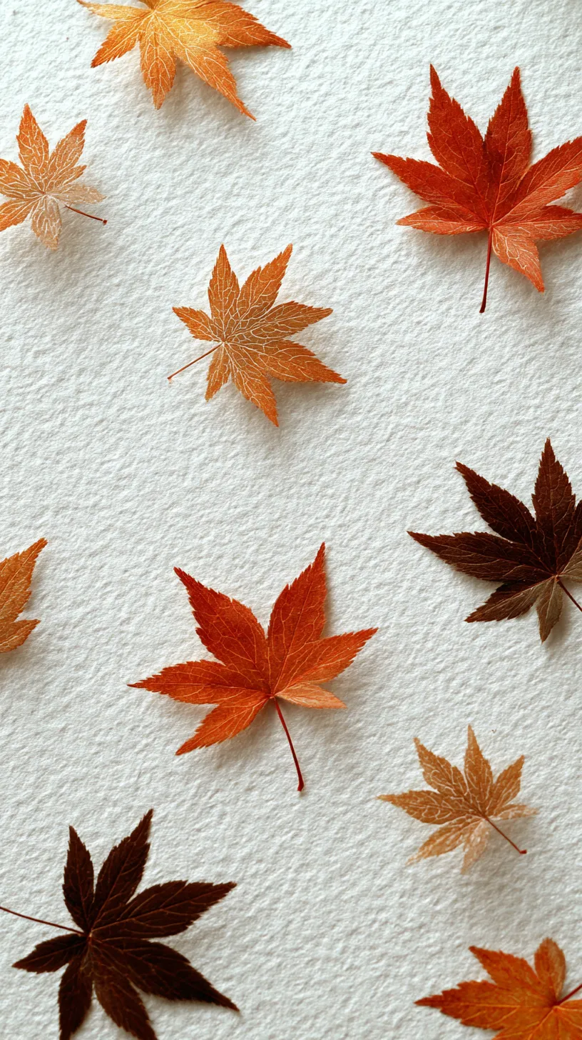 おしゃれ秋の和紙紅葉壁紙｜和紙の質感の上に散りばめられた紅葉が映えるおしゃれ秋の壁紙。赤や茶の葉がバランスよく配置され、和の雰囲気を漂わせながら秋らしい彩りを持つデザインとなっている。