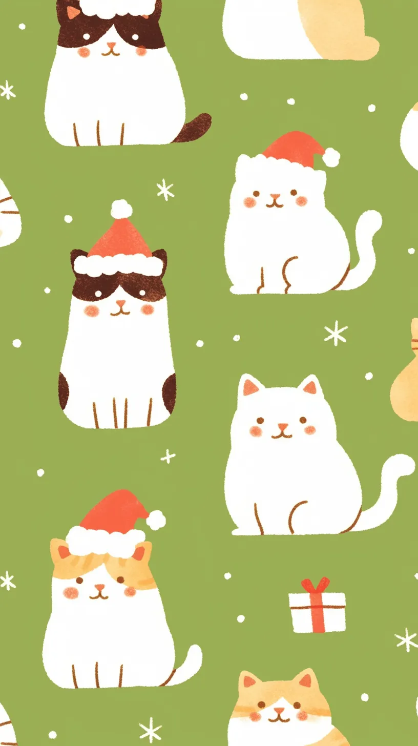 かわいい冬猫たち壁紙｜サンタ帽をかぶった猫たちが緑の背景に並ぶかわいい冬の壁紙です。柔らかな表情と小さな贈り物、舞い散る雪が温かみを感じさせ、優しい季節感を描いています。