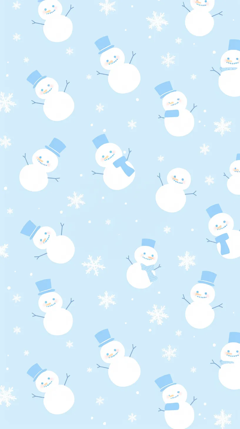 かわいい冬雪だるま達壁紙｜青い背景に帽子やマフラーを身につけた雪だるまたちが散りばめられたかわいい冬の壁紙です。雪の結晶や笑顔の表情が楽しく、冬の軽やかな空気を感じさせます。