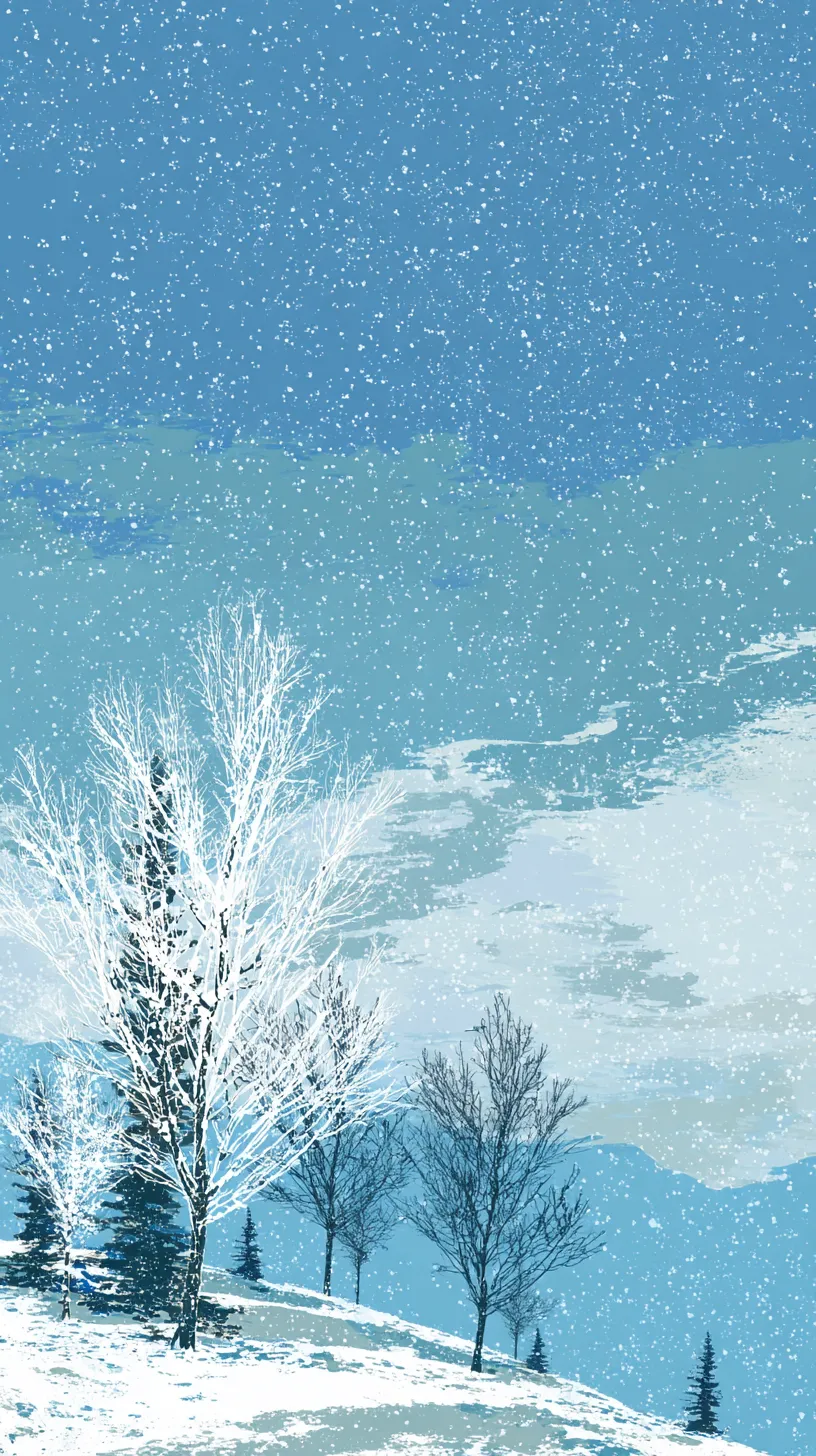 おしゃれ冬森の壁紙｜雪に覆われた森の木々が立ち並ぶおしゃれ冬の壁紙です。白く際立つ枝と青みを帯びた空の広がりが調和し、静謐な冬の情景を幻想的に描き出しています。