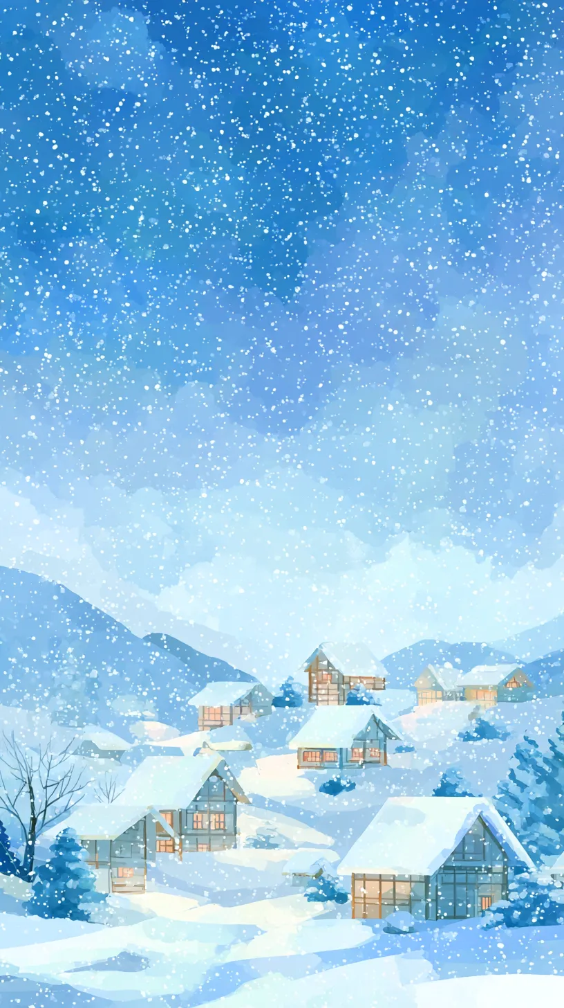 おしゃれ冬山里壁紙｜山間に広がる雪深い集落が描かれたおしゃれ冬の壁紙です。青い空と舞い降る雪が織りなす透明感に、家々の明かりが差し込み、心落ち着く景観を生み出しています。