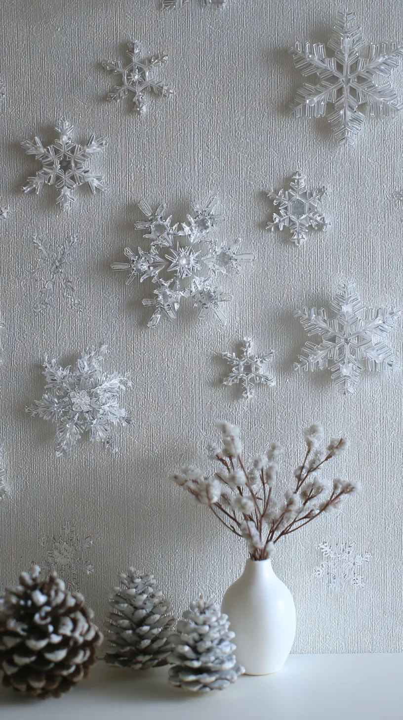 おしゃれ冬飾り壁紙｜雪の結晶が壁を彩り、松ぼっくりや白い花瓶が並ぶおしゃれ冬の壁紙です。立体感のある質感が穏やかな冬の空気を映し出し、落ち着いた季節感を感じさせます。