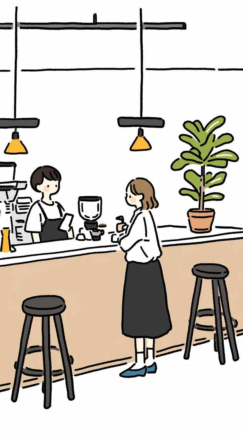 カフェ壁紙と注文の瞬間｜シンプルな線と柔らかな配色で描かれたカフェの壁紙に、女性客が注文する姿が映る。カウンター越しのやり取りが温かみを持ち、壁紙の白地と観葉植物の緑が空間に清涼感を与えている。構図の余白が会話の空気感を際立たせる。