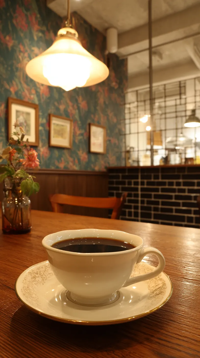 カフェ壁紙と静かな灯り｜落ち着いた色合いの壁紙とクラシカルな照明が調和するカフェの空間。白磁のカップと繊細な模様のソーサーが上品さを引き立て、壁紙に映える花瓶の花が小さな彩りを添える。温かな灯りが静寂を包み込んでいる。