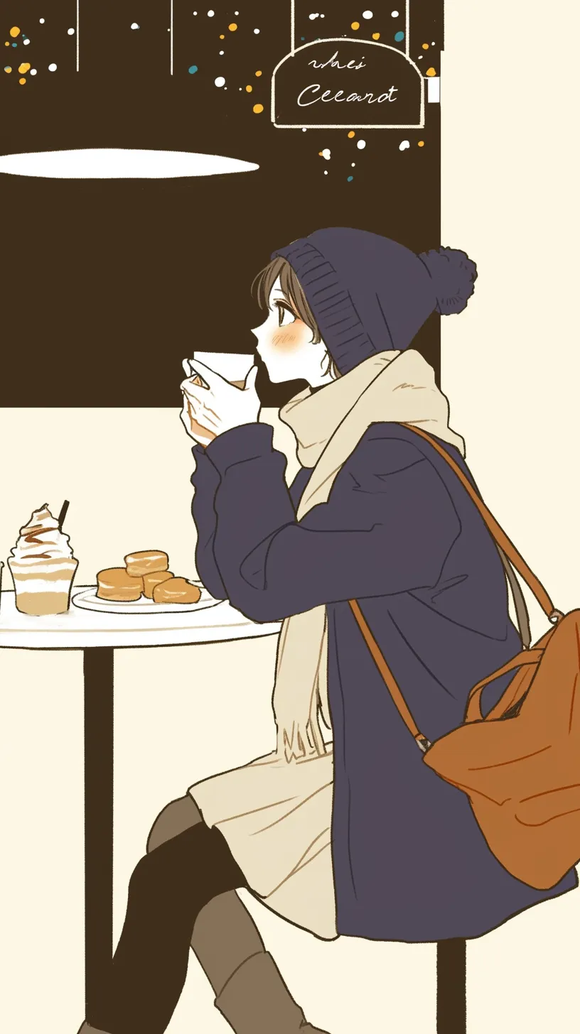 カフェ壁紙と冬のひととき｜夜のカフェを背景に、帽子とマフラー姿の女性がカップを両手で包む姿が壁紙として描かれる。暗色の壁紙に小さな光が散りばめられ、温かい飲み物との対比が心地よい。甘味と飲み物が冬の安らぎを強調している。