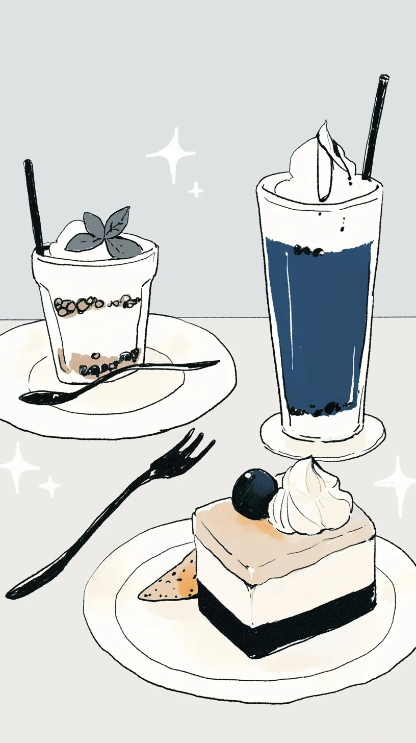 カフェ壁紙と甘い食卓｜グラスやケーキをシンプルな線で描いたカフェの壁紙。軽快なタッチと白を基調とした背景が清涼感を与え、ドリンクの濃淡やデザートの装飾がアクセントになっている。全体が華やぎを持つデザインにまとまっている。