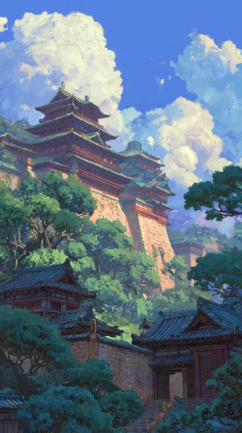 城壁紙と雲海の城郭｜濃い緑に囲まれた城が、夏空に広がる雲とともに描かれた壁紙。木々の茂みが城の輪郭を強調し、奥にそびえる高い天守が雲と一体となる。自然と建築の調和が爽快感をもたらしている。