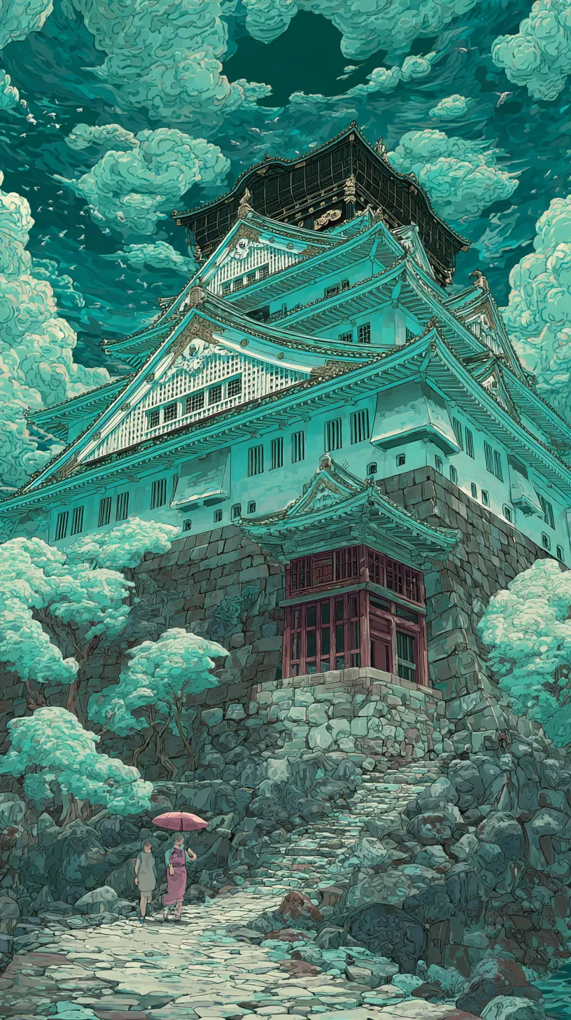 城壁紙と蒼天の巨城｜緻密に描かれた石垣と青緑の彩色が印象的な城の壁紙。天を突くような構図に大きな雲が迫り、幻想的な雰囲気を漂わせる。手前の人物が規模感を際立たせ、城の荘厳さを強調している。
