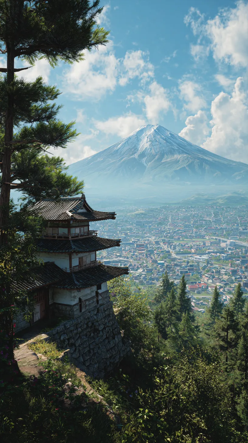 城壁紙と富士の眺め｜城の背後に富士山がそびえる構図の壁紙。石垣と瓦屋根が山の稜線に重なり、壮大な自然と歴史的建築が調和している。手前の樹木が遠景とのつながりを生み、景観に奥行きを加えている。