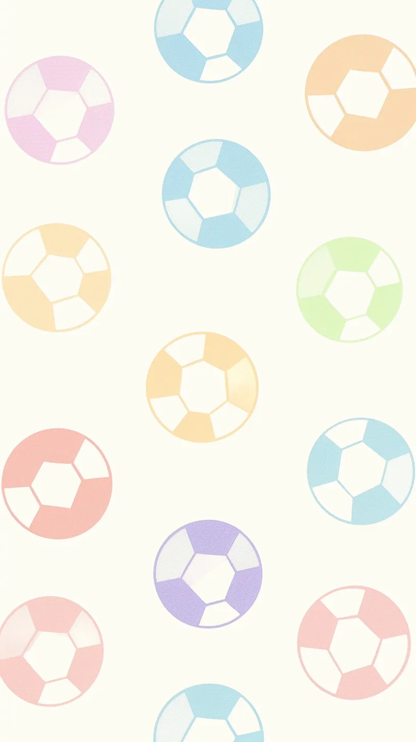 かわいいサッカー壁紙カラフル｜淡いパステル調で描かれたサッカーボールが整然と並ぶデザイン。やわらかな色合いが印象的で、かわいいサッカー壁紙として眺めるだけで楽しい気持ちを誘う仕上がりです。