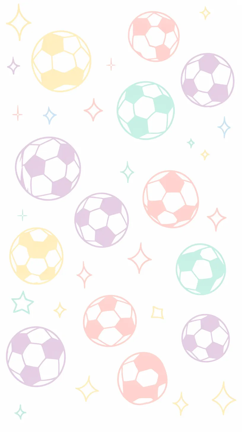 かわいいサッカー壁紙ポップ｜星型のきらめきとパステル色のサッカーボールが軽快に散りばめられた構成。背景の余白が爽やかさを引き立て、かわいいサッカー壁紙らしい明るい雰囲気を演出しています。