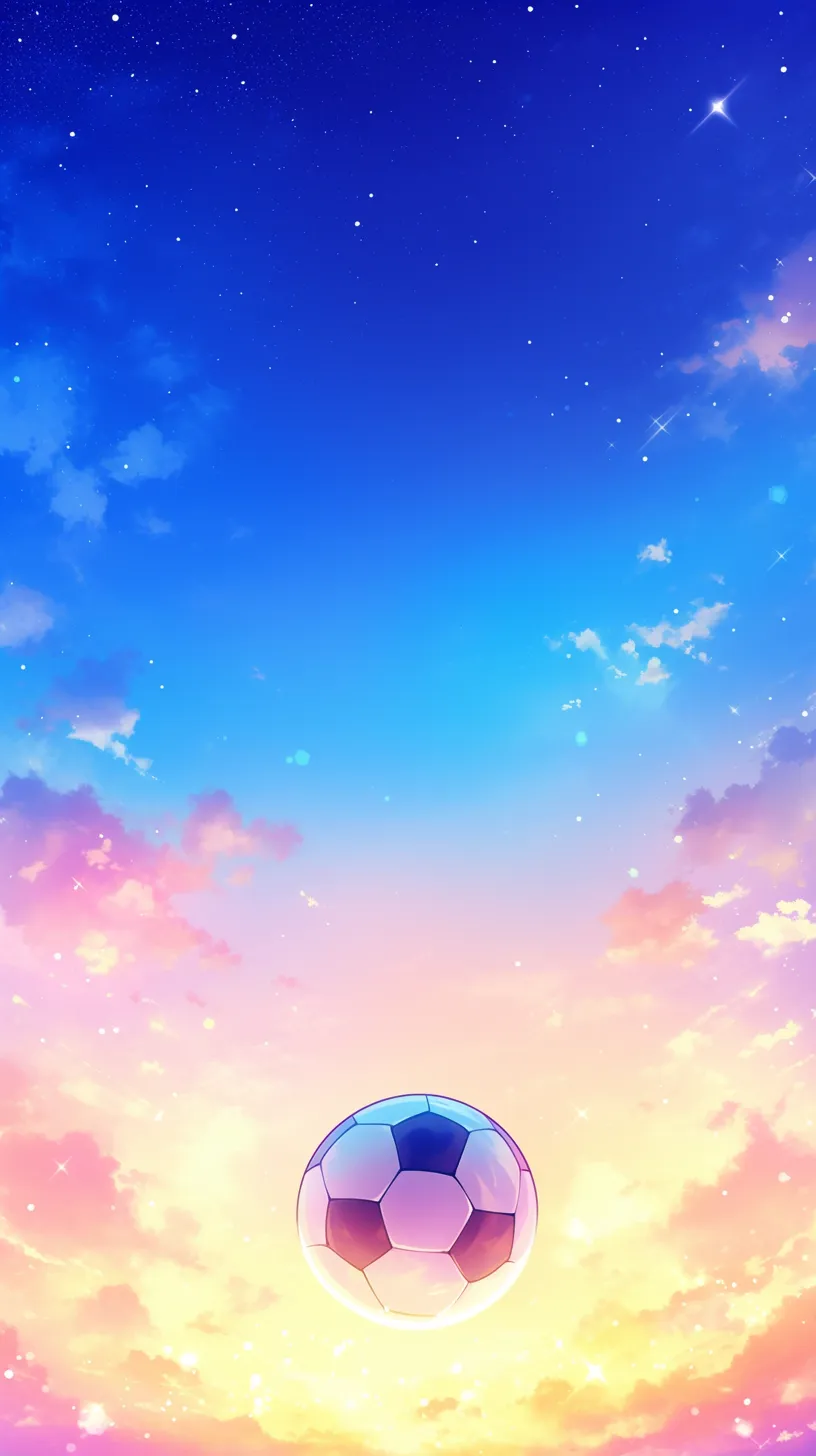 かわいいサッカー壁紙ファンタジー｜夕焼けと星空が広がる幻想的な空に浮かぶボールが印象的。光の粒子が幻想感を高め、かわいいサッカー壁紙ながらドラマチックな世界観が楽しめます。