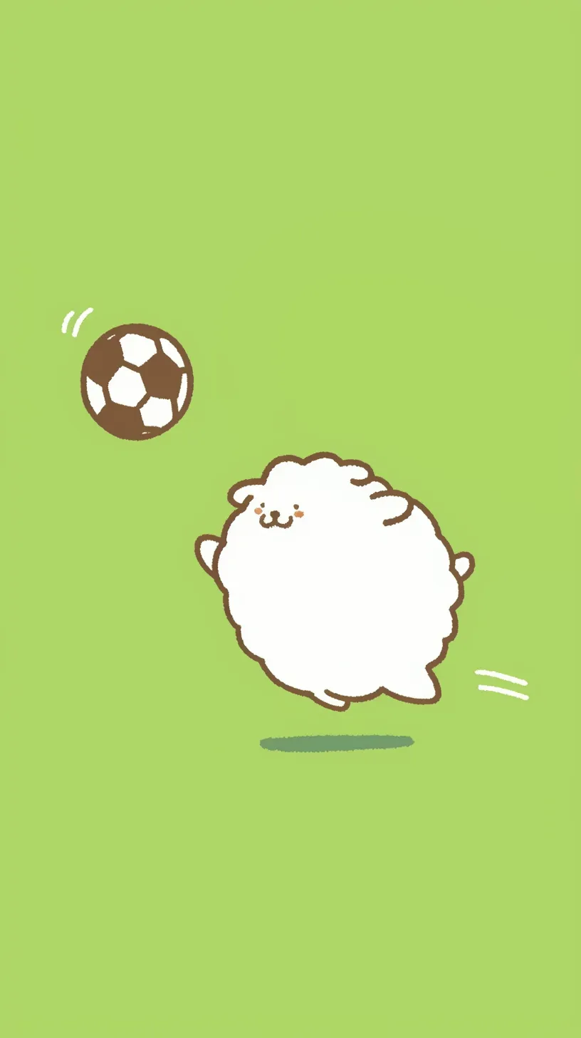 かわいいサッカー壁紙わんこ｜ふわふわの白い犬が弾むようにボールを追いかける様子が描かれた楽しい場面。緑の背景が元気さを強調し、かわいいサッカー壁紙らしい軽快さがあります。
