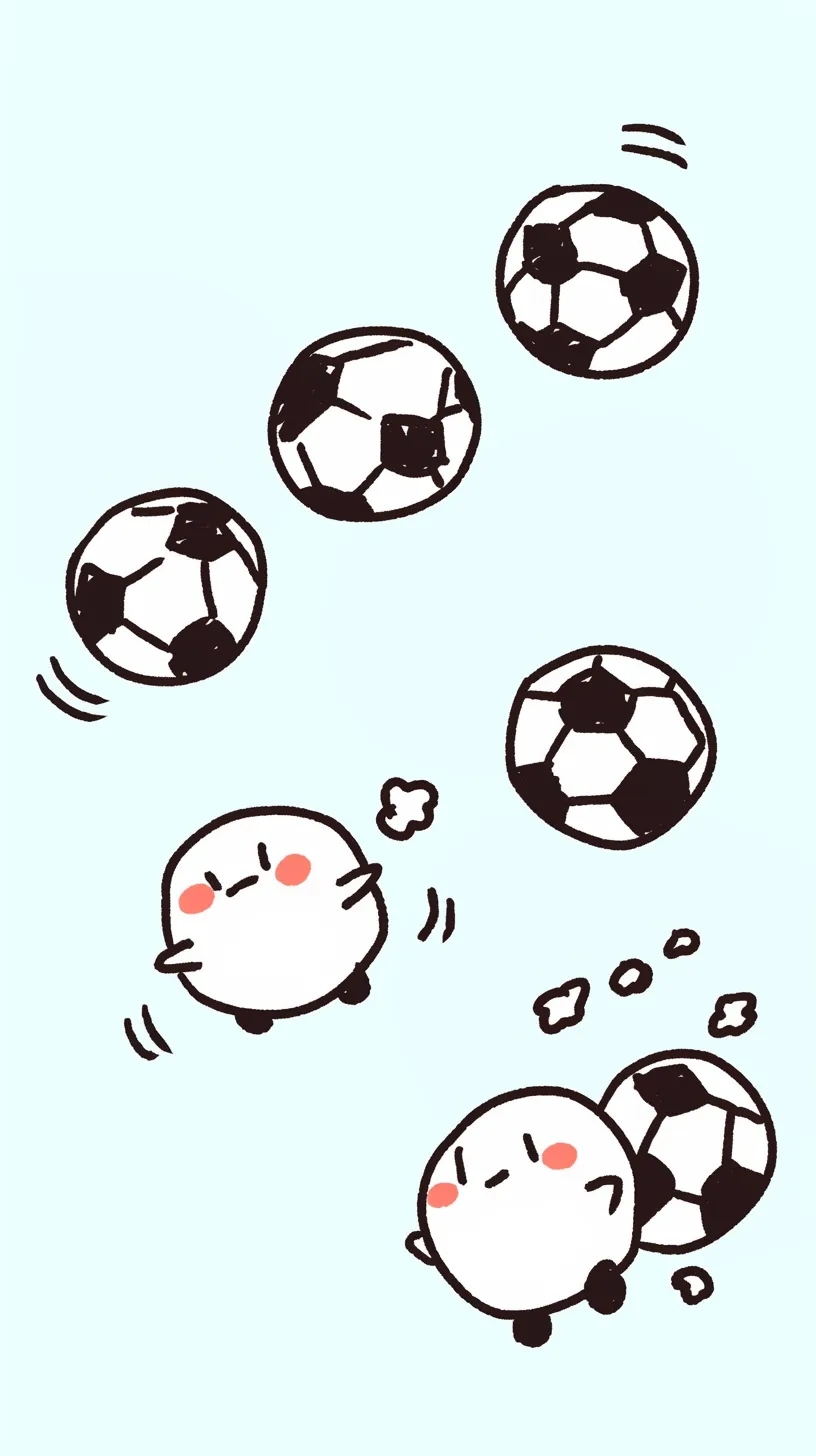 かわいいサッカー壁紙まるキャラ｜まるいキャラクターたちがボールと一緒に飛び跳ねる楽しい動きが印象的。柔らかな色調が親しみを誘い、かわいいサッカー壁紙らしい賑やかな空気を感じられます。