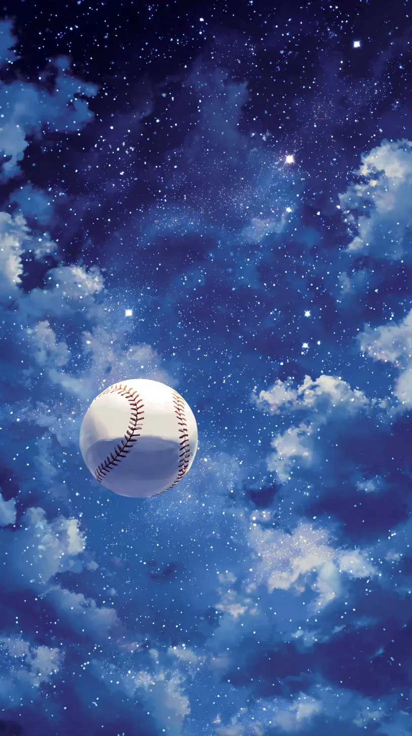 おしゃれ野球壁紙ナイト｜夜空に浮かぶ無数の星々の中に舞うボールが幻想的な一枚。深い青と光の点描が美しく調和し、おしゃれ野球壁紙として夢見るような世界観を演出しています。