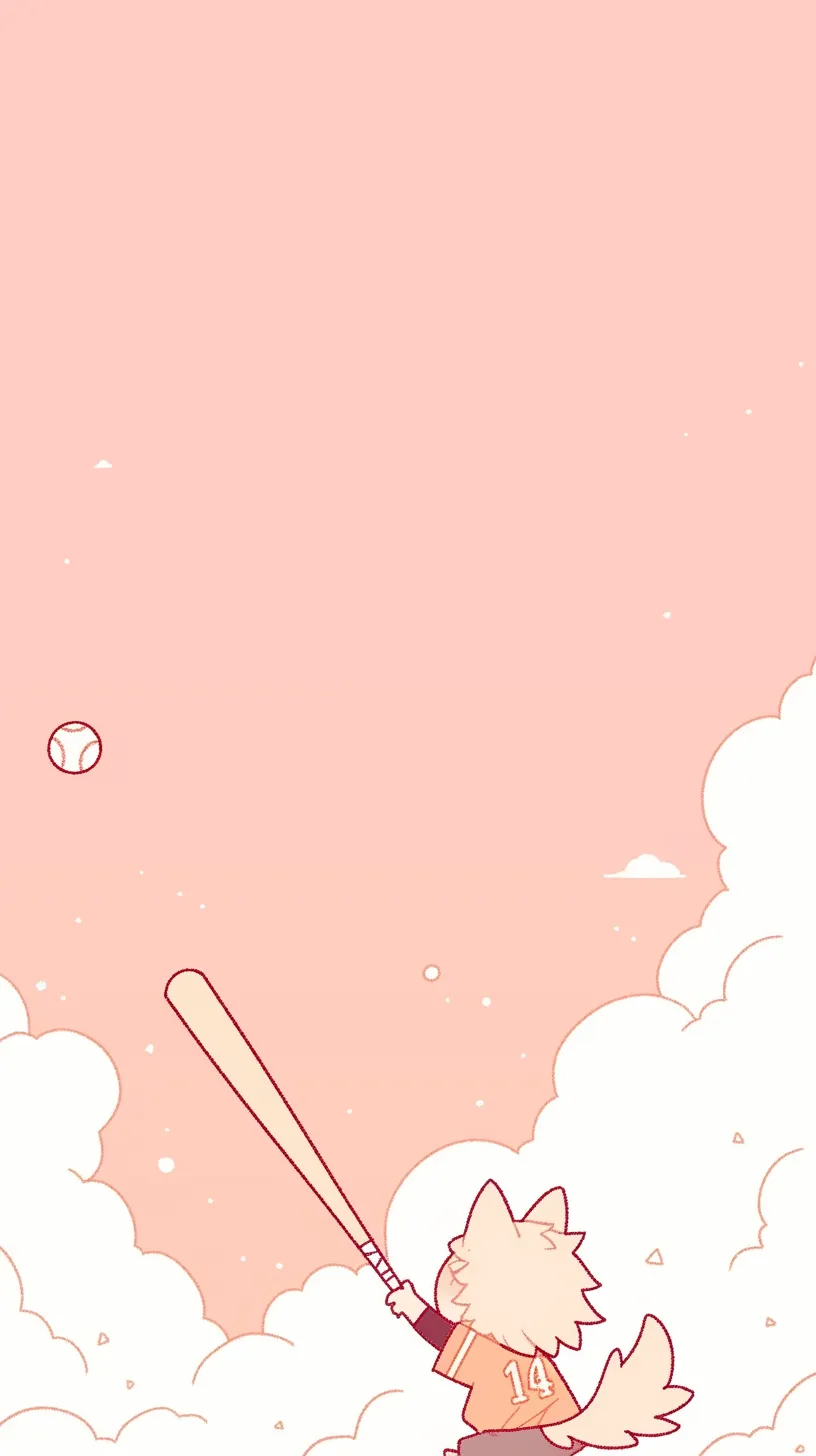 かわいい野球壁紙 ネコの一打｜雲間に伸びるバットと宙を舞うボールが描かれたネコの後ろ姿がかわいい野球壁紙。背番号入りのユニフォームが本格的で、広がる空間がプレイの爽快感を強調している。