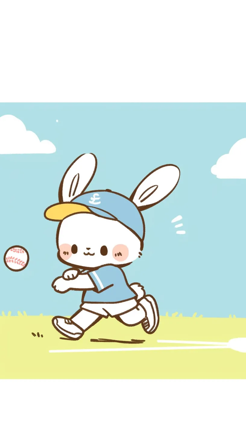 かわいい野球壁紙 ウサギの走り｜小さな体で懸命にボールを追いかけるウサギが描かれたかわいい野球壁紙。大きな耳とユニフォームが愛らしく、芝生の上での軽快な動きがユーモラスに際立っている。