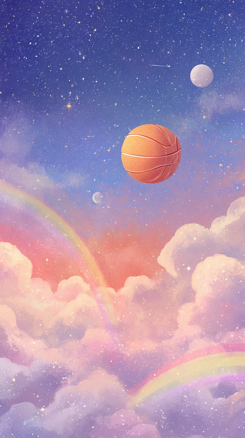 かわいいバスケ壁紙 虹色の空｜星空と雲の広がる幻想的な背景にバスケットボールが浮かぶかわいいバスケ壁紙。虹や月が添えられ、スポーツと夢幻的な空気感が溶け合う表現が印象的に描かれている。