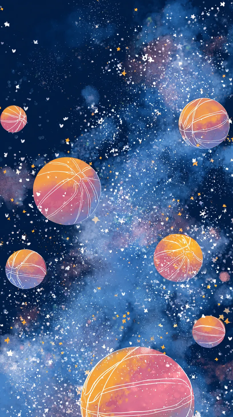 かわいいバスケ壁紙 星のボールたち｜夜空いっぱいに広がる星屑と共に舞うバスケットボールが描かれたかわいいバスケ壁紙。鮮やかなグラデーションが球体を惑星のように見せ、幻想的なリズム感を生んでいる。