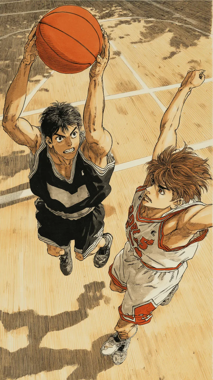 エモいバスケ壁紙 真剣勝負の跳躍｜コート上で真剣に競り合う二人の選手が描かれたエモいバスケ壁紙。汗と緊張感が伝わる筆致と構図が、競技としての迫力と感情を濃密に映し出している。