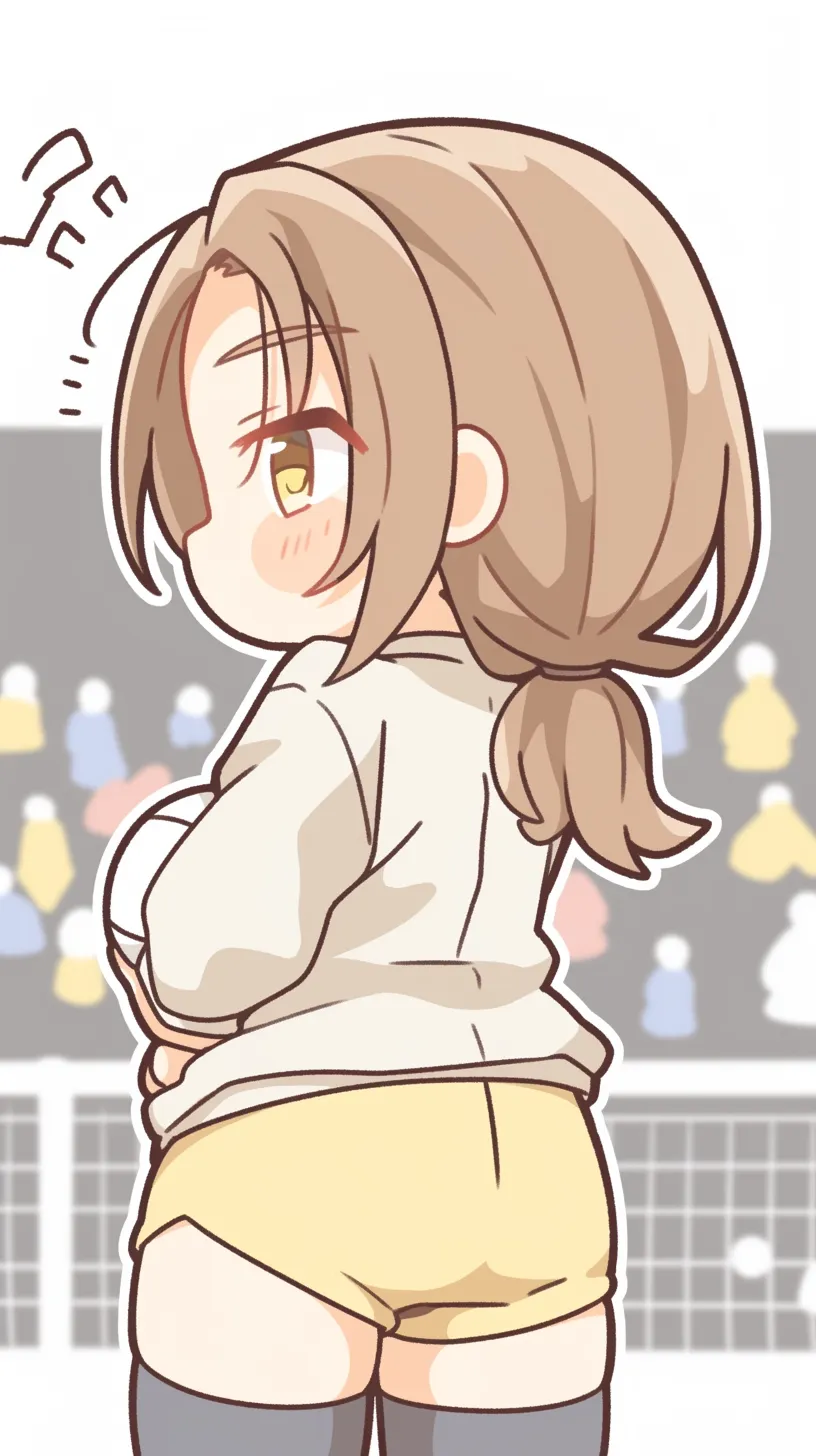 かわいいバレーボール壁紙5｜試合中の一瞬を切り取ったように、かわいいバレーボールを抱える女の子が描かれた壁紙。背景に観客が控えめに配置され、緊張感と愛らしさが同居した構図が魅力です。
