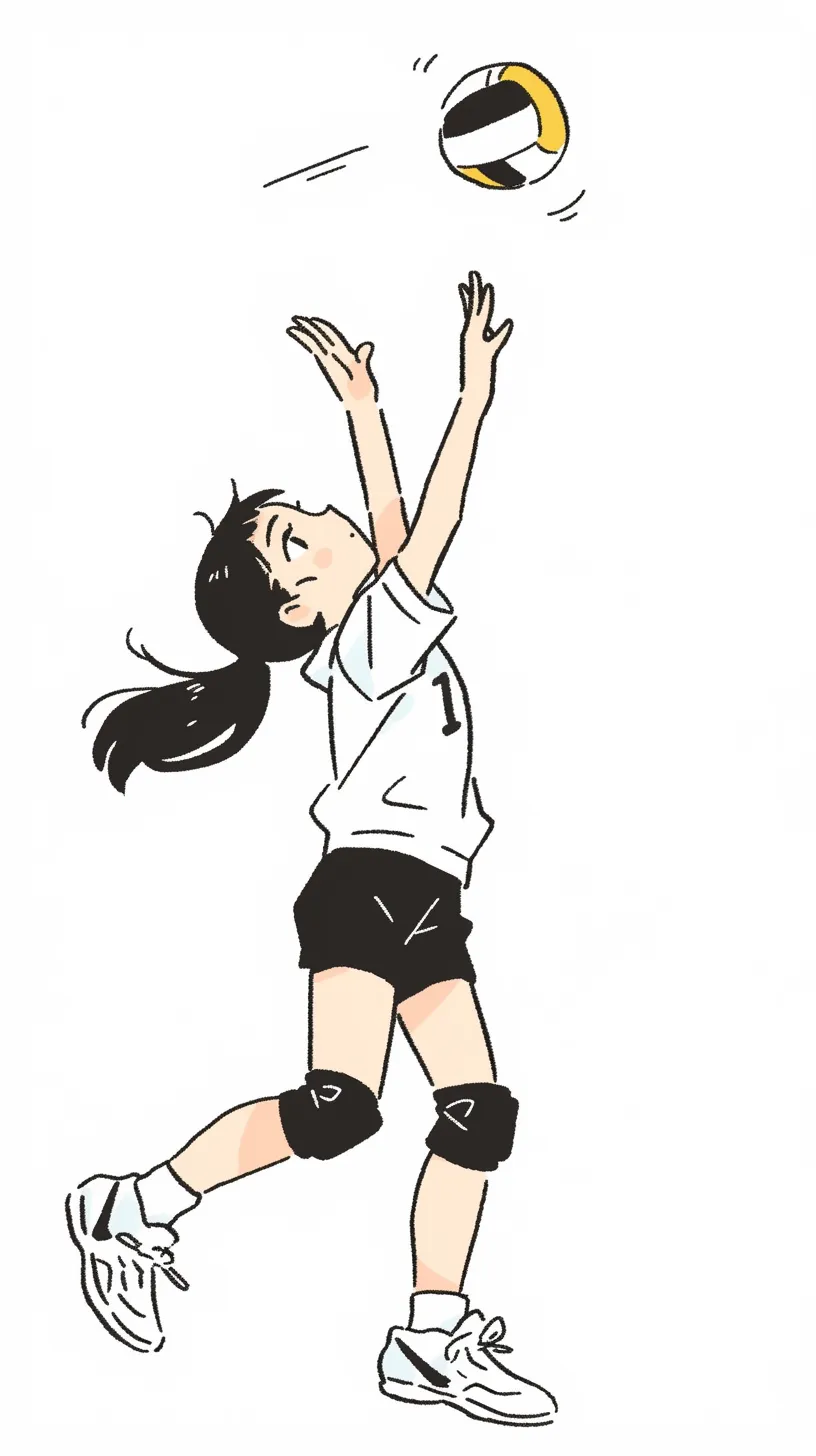 かわいいバレーボール壁紙6｜ジャンプしてボールを追う女の子とかわいいバレーボールが印象的な壁紙。シンプルな描線と軽やかな動きが調和し、スポーツの楽しさと爽やかな瞬間が表現されています。