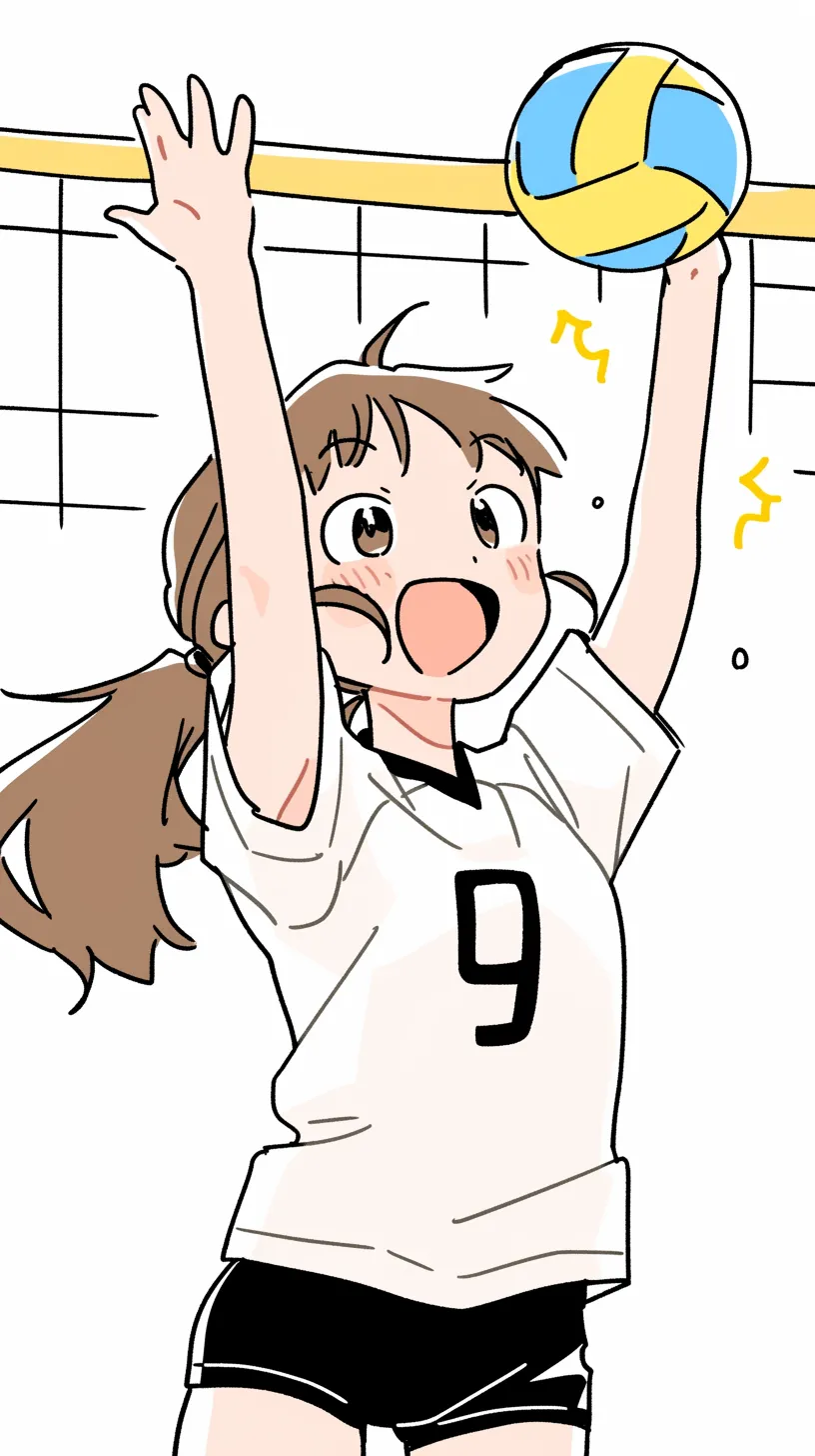 かわいいバレーボール壁紙7｜笑顔でネット際に飛び込む女の子とかわいいバレーボールを描いた壁紙。力強い動作線と明るい表情が活気を強調し、スポーツの喜びをストレートに伝えるデザインです。