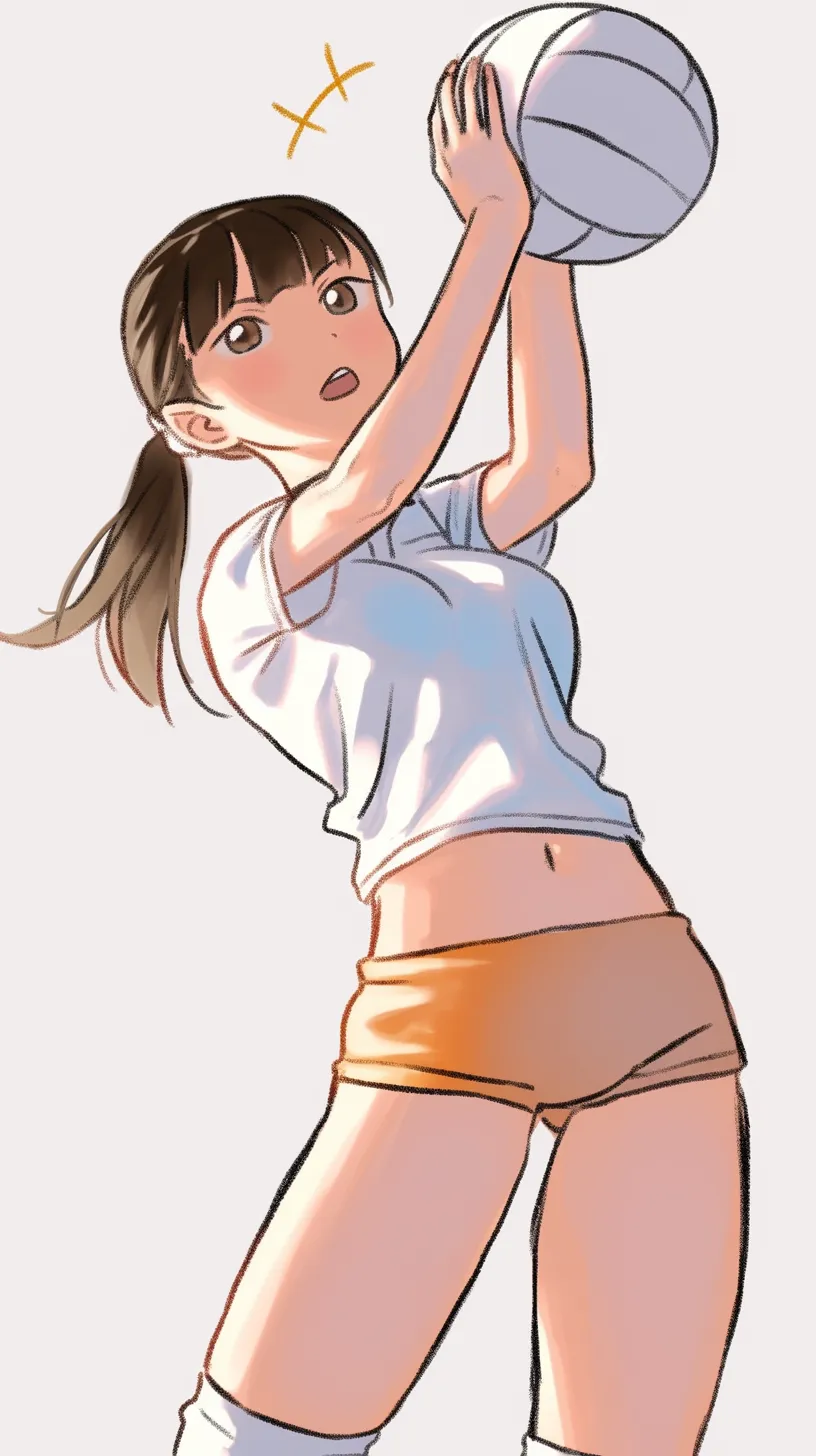 かわいいバレーボール壁紙8｜リアルなタッチで描かれた女の子とかわいいバレーボールの壁紙。光と影のコントラストが際立ち、緊張感のあるポーズがスポーツの迫力と美しさを際立たせています。