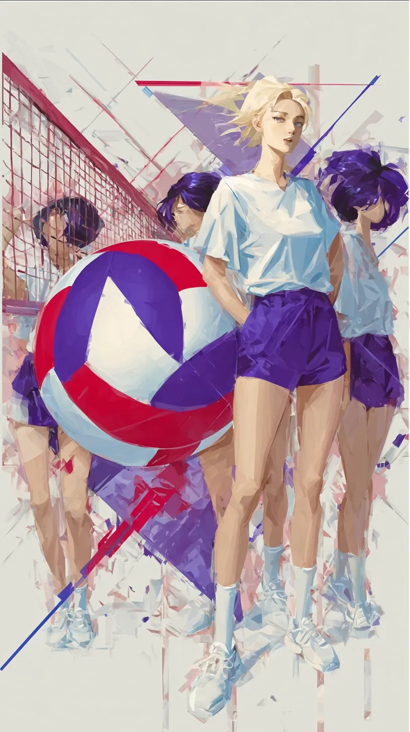 おしゃれバレーボール壁紙5｜チームと共に描かれたおしゃれバレーボールの壁紙。シャープな筆致と幾何学的な構図が組み合わさり、スポーティーで洗練された存在感を放っています。