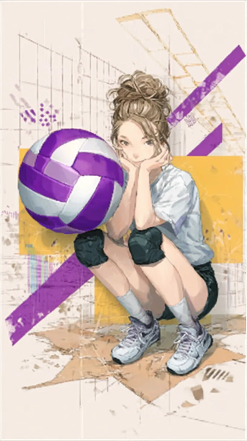 おしゃれバレーボール壁紙6｜体育館の床に腰を下ろす少女とおしゃれバレーボールの壁紙。鮮やかな紫のラインとイエローの背景が配置され、静と動を併せ持つ印象的な場面が表現されています。