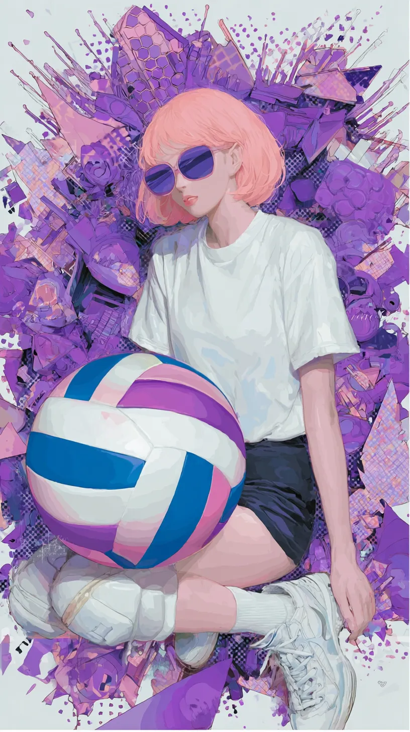 おしゃれバレーボール壁紙7｜ピンクの髪にサングラスをかけた少女とおしゃれバレーボールの壁紙。背景の紫の装飾と対比し、ポップでアーティスティックな雰囲気を放っています。