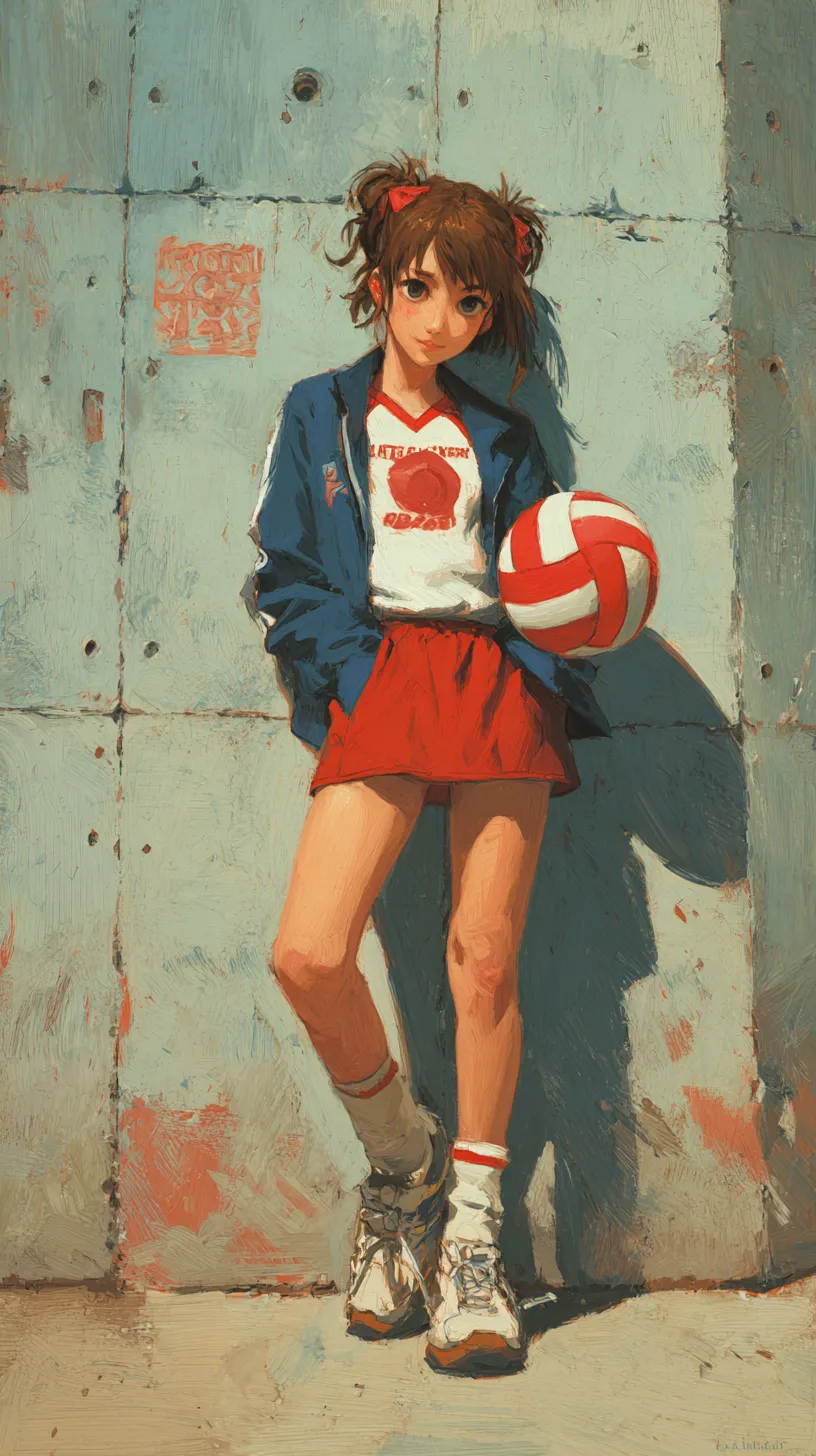 かっこいいバレーボール壁紙3｜青みがかった壁の前で赤いユニフォーム姿の少女が立つかっこいいバレーボール壁紙。油彩風の筆致と強い陰影がリアルな存在感を高め、ストリート感漂う雰囲気が特徴です。