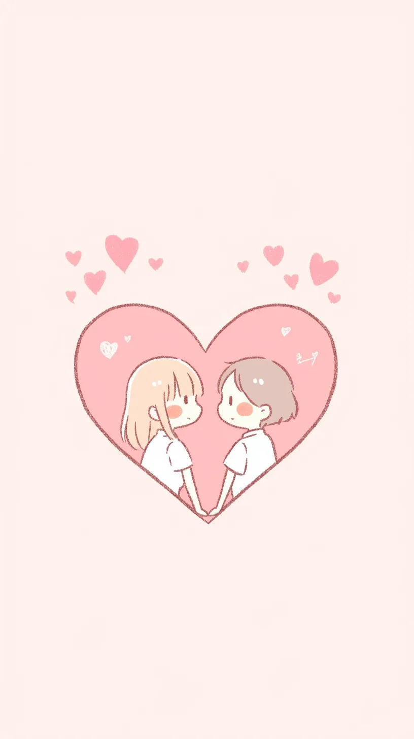 ペア画壁紙 ハートに包まれた二人｜大きなハートの中で向かい合い手を繋ぐ二人が描かれたペア画壁紙。小さなハートが周囲に散りばめられ、甘く穏やかな空気感が恋の温度をそのまま映し出しています。