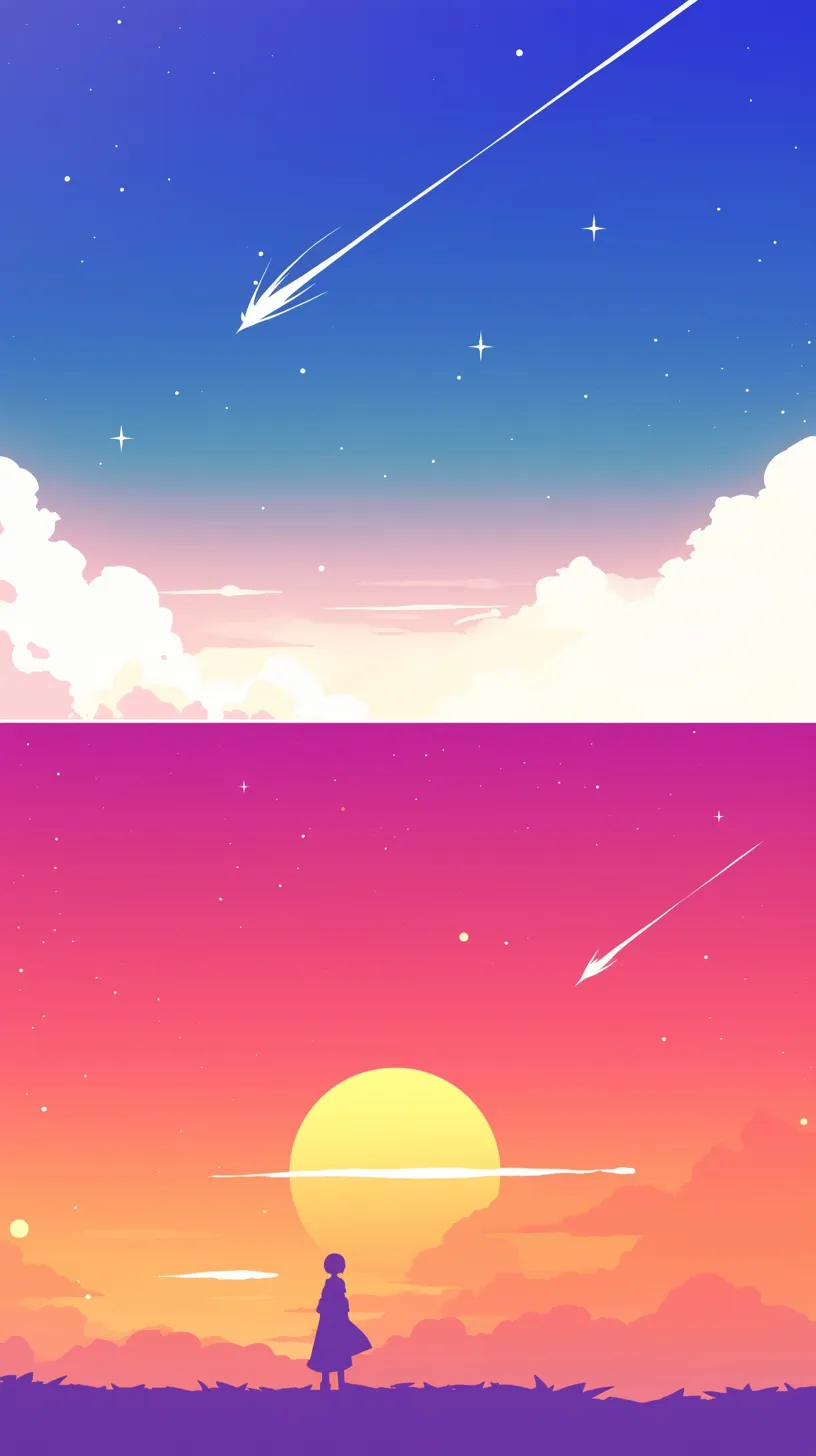 ペア画壁紙 流星と夕暮れの空｜上空を駆ける流星と夕焼けを背に立つ人物を対比させたペア画壁紙。青からオレンジへと変化する空が時間の流れを象徴し、ロマンチックで詩的な余韻を広げています。