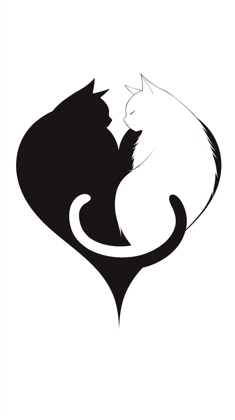 ペア画 壁紙 ハート猫の調和｜黒と白の猫が寄り添いハートの形をつくる構図が可愛らしい壁紙。シンプルな色調ながらも愛情と一体感を強調し、ペア画として心を結ぶ象徴的なイラストです。
